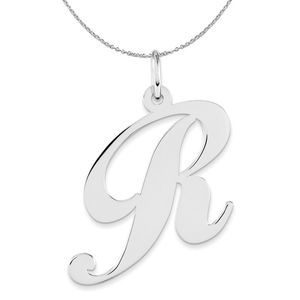 Silver, Ella Collection, LG Fancy Script Initial R Necklace - 18 In